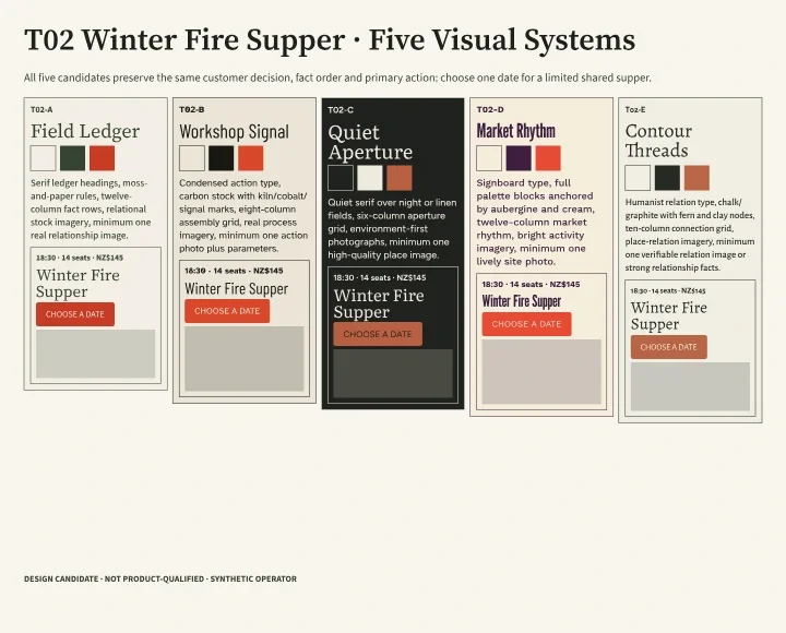 Five Initium foundations — five miniature page layouts preserved at design-candidate fidelity