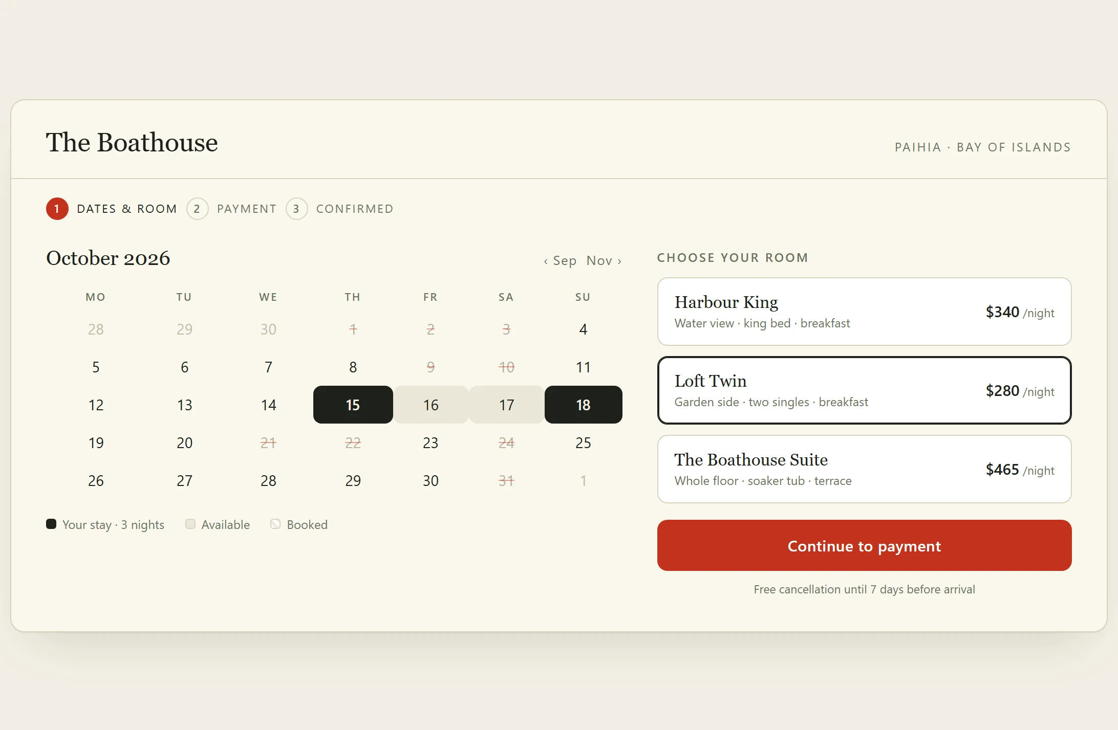 Orbis booking interface mockup — guests choose dates and rooms on the property's own path