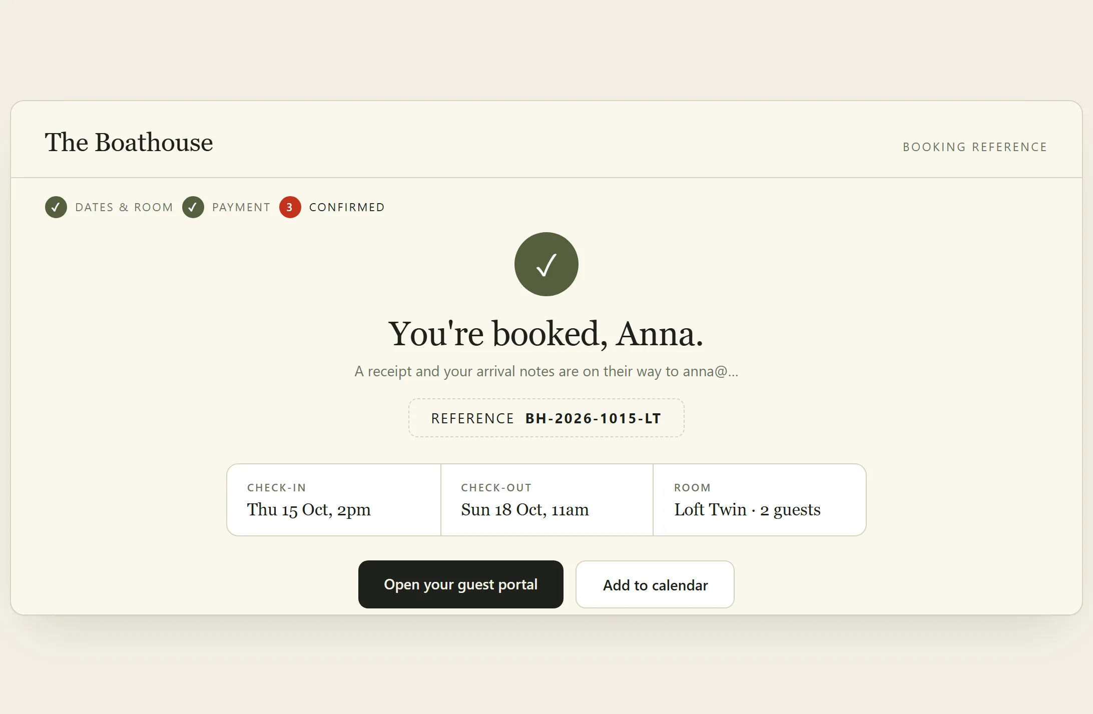 Confirmation — Orbis booking interface mockup — guests choose dates and rooms on the property's own path