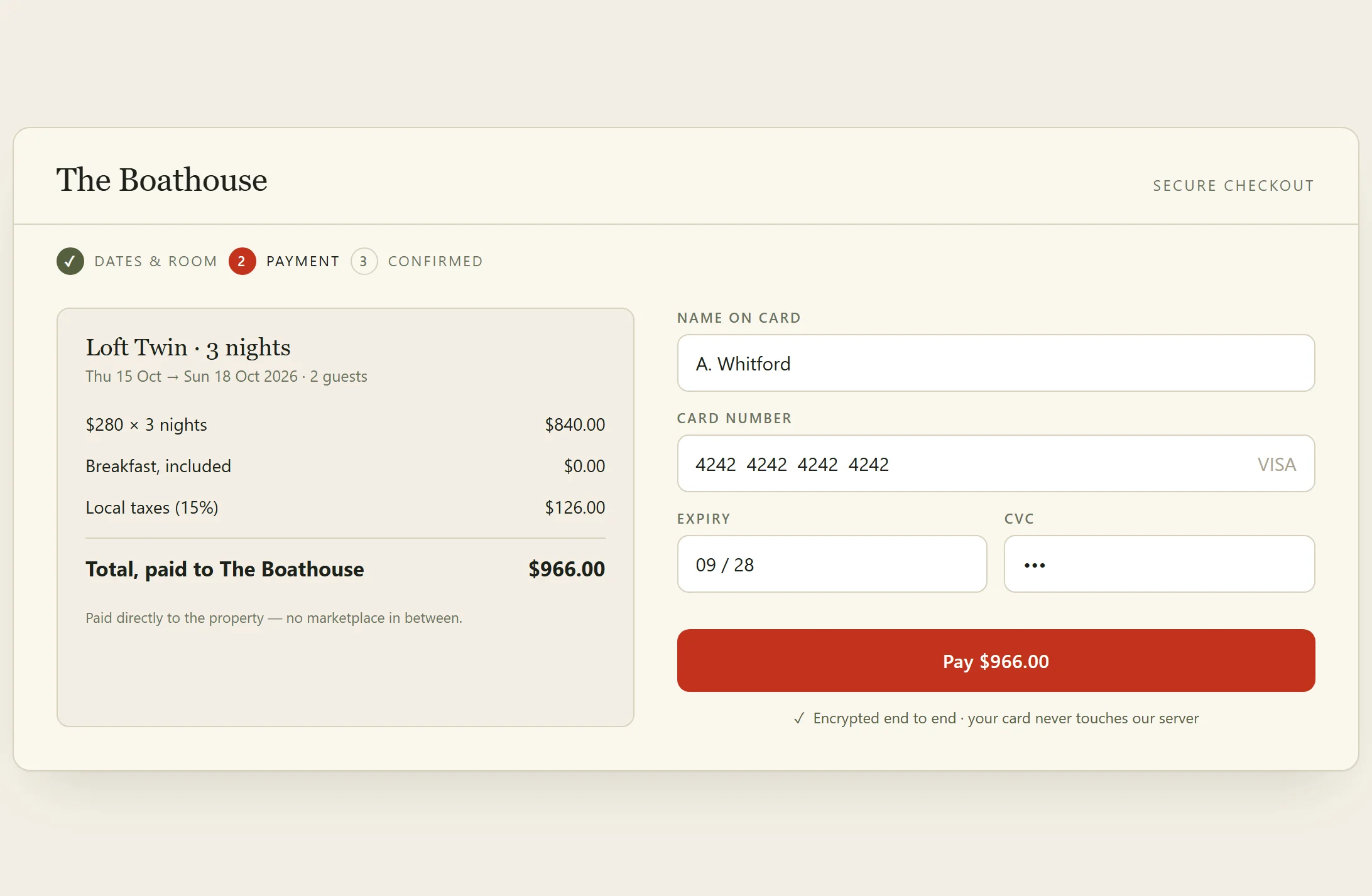 Payment — Orbis booking interface mockup — guests choose dates and rooms on the property's own path