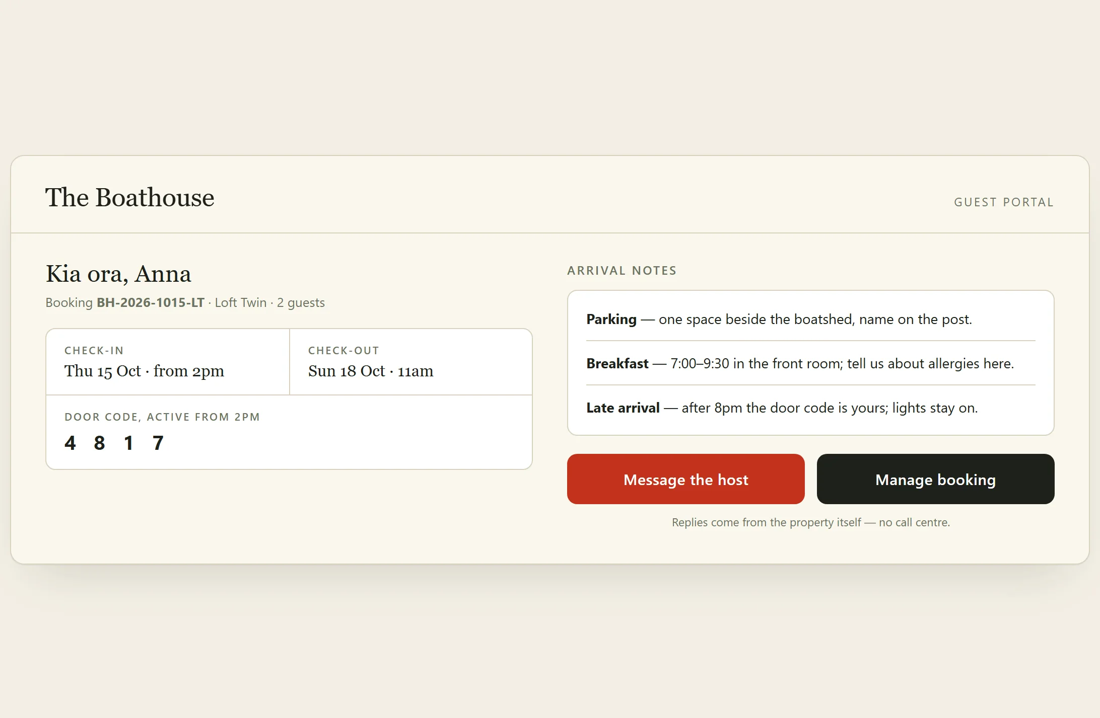 Guest portal — Orbis booking interface mockup — guests choose dates and rooms on the property's own path
