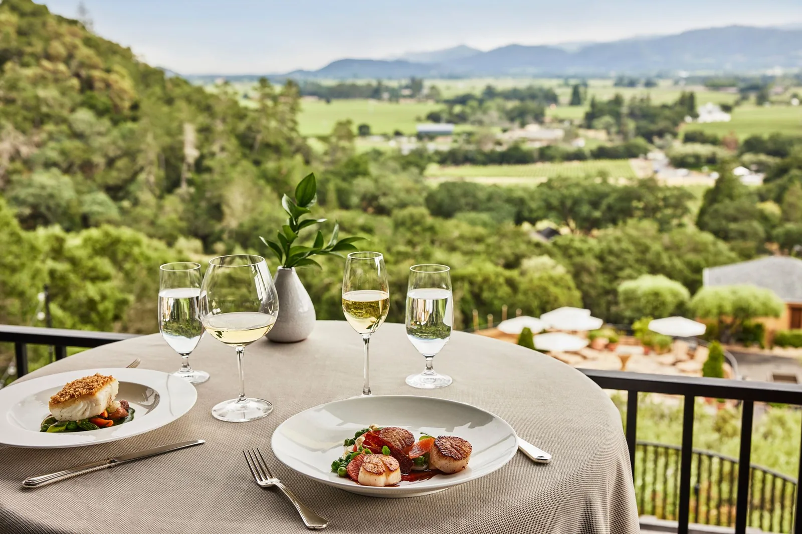 Two glasses of red wine and a wooden board of cheese, saucisson slices and walnuts on an outdoor table, valley lights behind